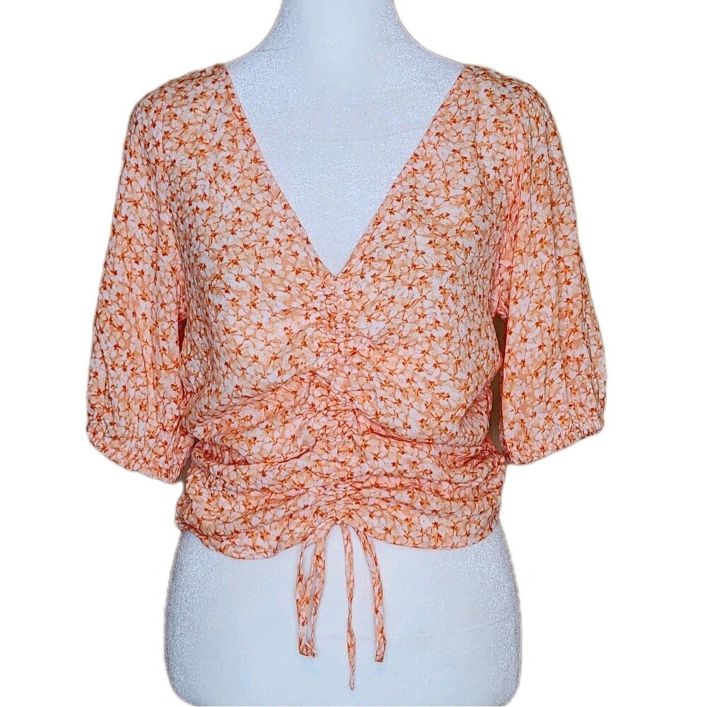 H&M V-Neck Crop Top M Orange Ditsy Floral Ruched Front Puff Sleeve Cottagecore